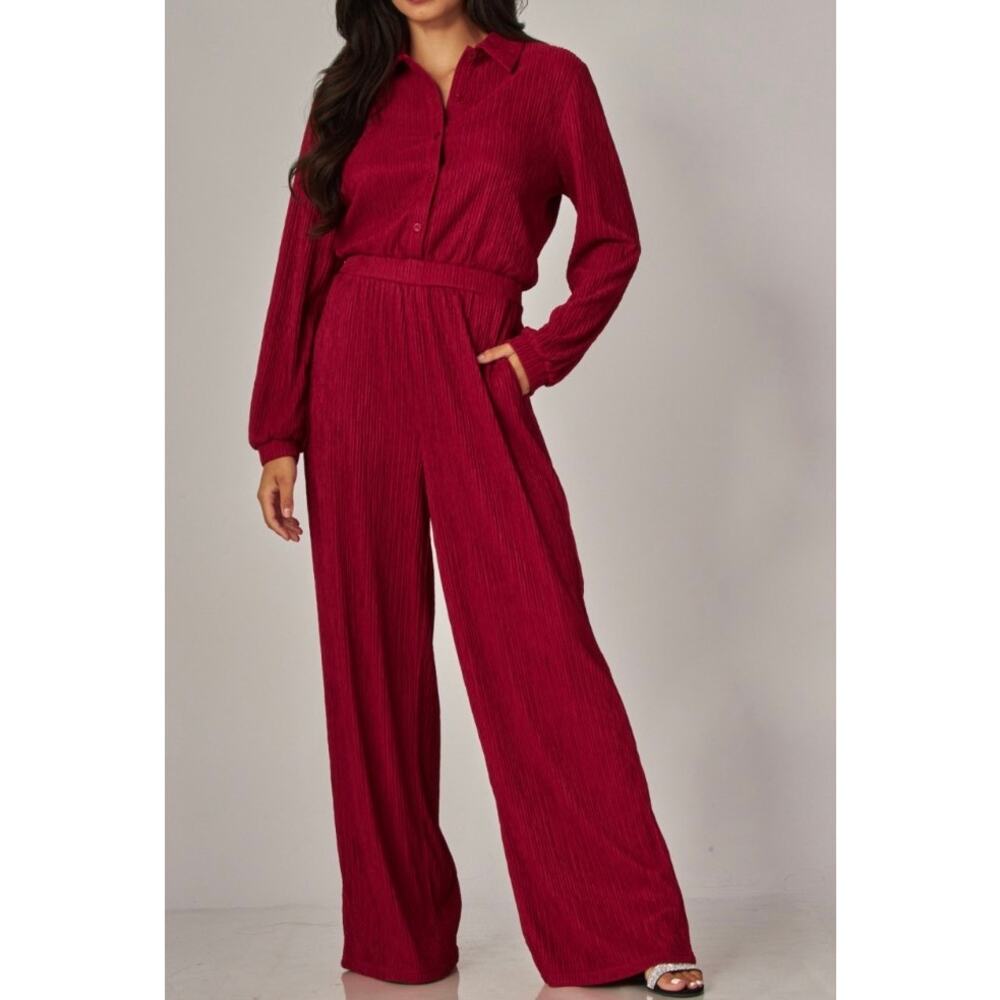 Crinkled Plisse Button Up Casual Jumpsuit